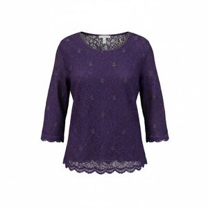 JM Collection Purple Floral Lace Top L 3/4 Sleeve Metallic Shimmer Lined Party